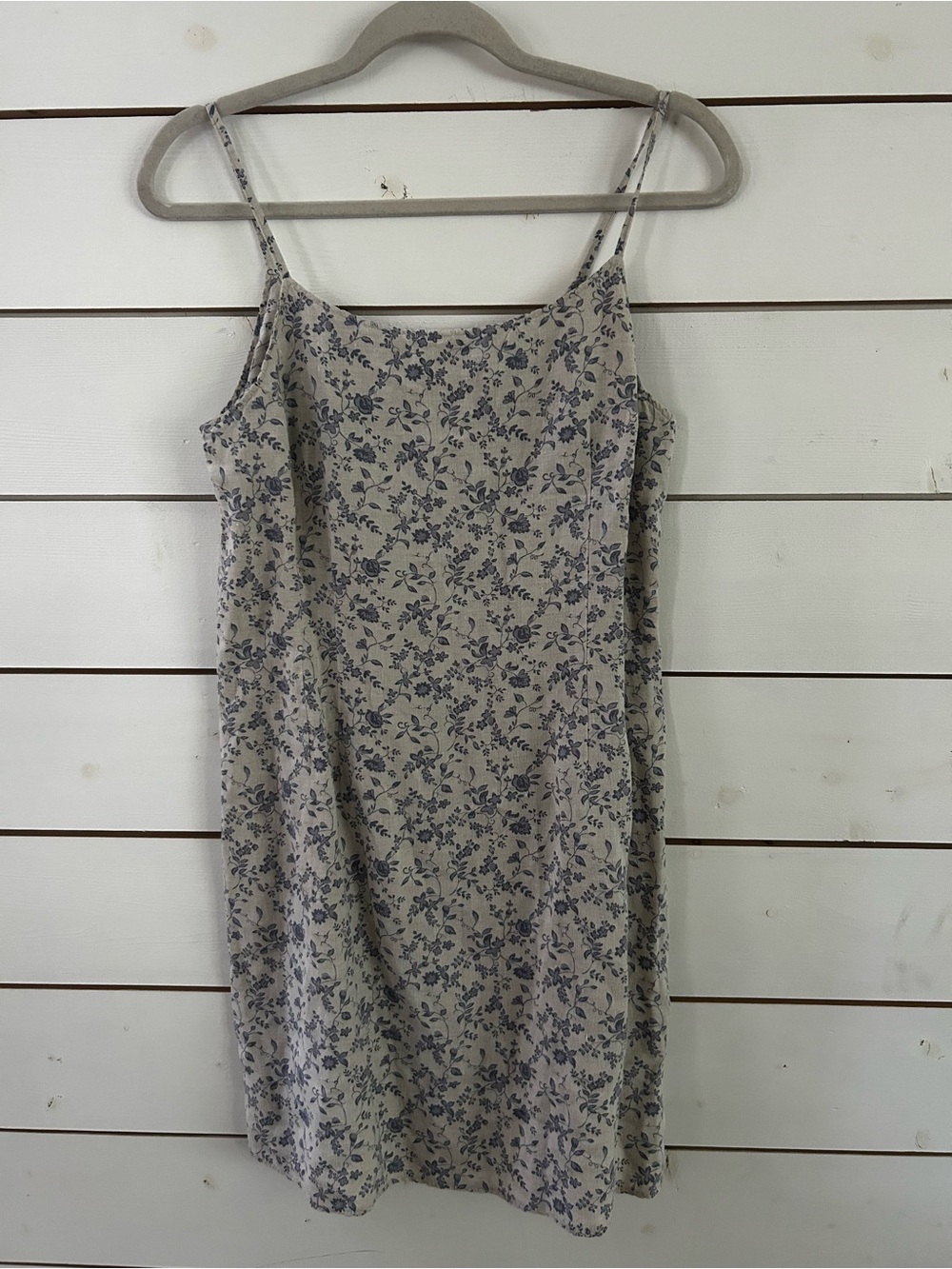 American Eagle Linen Floral Spaghetti Strap Mini Dress Light Beige Blue Print 8